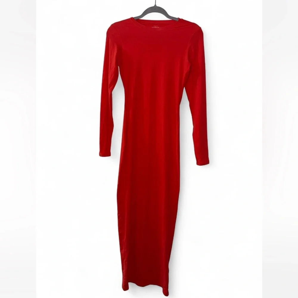 SKIMS Fits Everybody Crew Neck Long Sleeve Maxi Dress Medium Poppy Bodycon - Picture 2 of 8